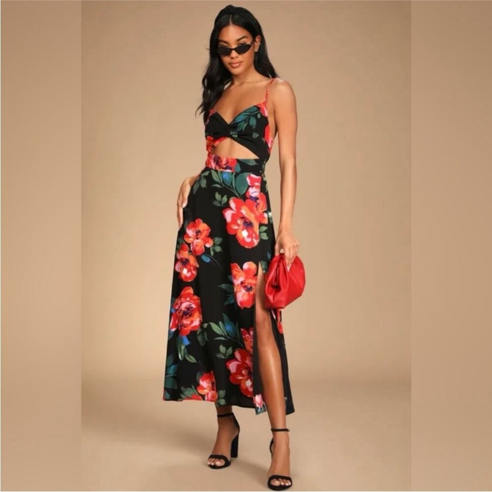 Lulu’s Tropical Blooms Black Floral Tie Back Cutout Maxi Dress L